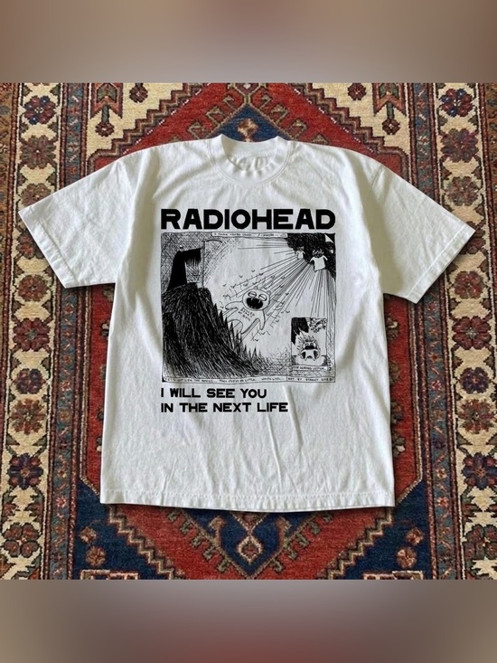 Gildan Other - Radiohead Next Life Graphic Grunge Y2K White T-Shirt, Rock Band Music Tee